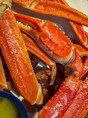 Closeup of steamed Snow Crab legs and claws