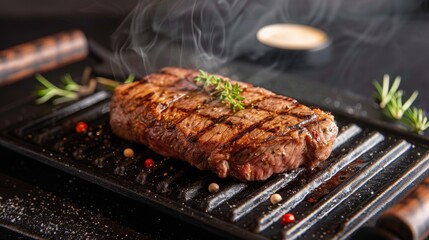 A sizzling steak on a grill, emitting delicious aroma and promising a flavorful dining experience.