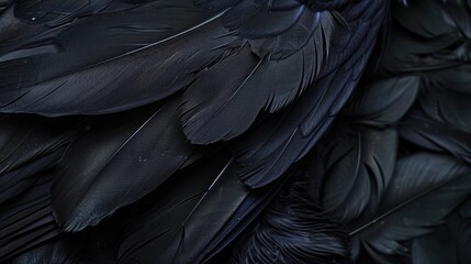 Fototapeta premium Bright colorful pattern, texture of black feathers. A beautiful abstraction of colorful feathers.