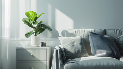 Green plant on a scandinavian cabinet with drawer and a cozy couch with pillows in a gray simple living room interior with place for a coffee table Real photo : Generative AI