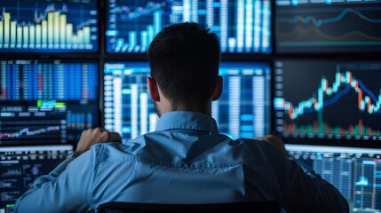 Fototapeta premium Person analyzing financial data on computer monitors