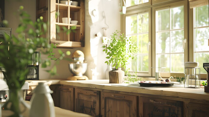 Interior of kitchen in vintage rustic style with wooden furniture in a cottage Bright indoors in a cozy kitchen with window and plant : Generative AI