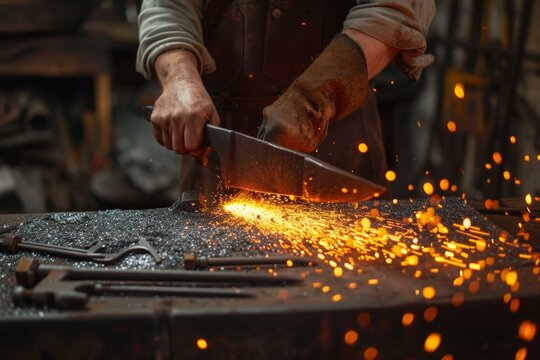 Meticulous Blacksmith hand crafting. Construction art industry work person. Generate Ai
