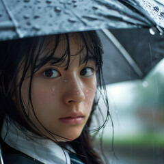 Close-up, school uniform, Asian teenage woman, noon, rainy weather, holding umbrella