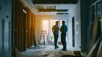 Fototapeta premium Interior designer and couple meeting in house under construction : Generative AI