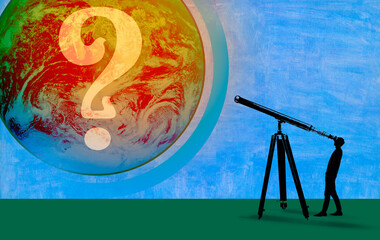Man looking through telescope at question mark over global warming earth
