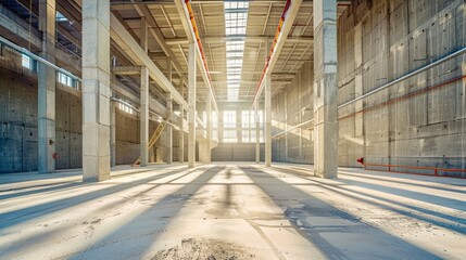 Fototapeta premium Detailed scene of concrete tilt-up warehouse construction with visible walls, supports, and girders, showcasing industrial building techniques