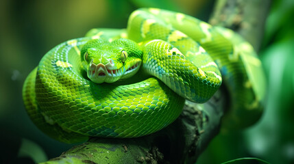 Fototapeta premium Green snake coiled on a green tree .