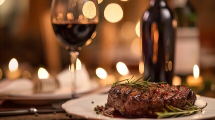 A steak dinner for two served with a bottle of red wine, creating a romantic and intimate dining atmosphere.