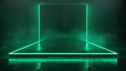 3D rendering of a green glowing neon light Podium on a black background with a floor reflection. 