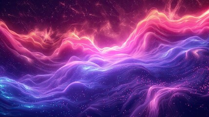 Obraz premium Dynamic digital artwork featuring vibrant, flowing waves with glowing particles across a starry backdrop.