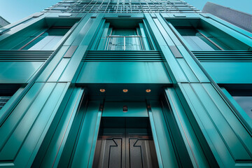 Teal green luxury elevator in an urban skyscraper, sophisticated and modern, frontal view.