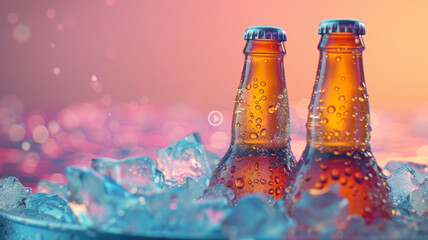 Two beer bottles in ice, condensation, evening, outdoor setting.