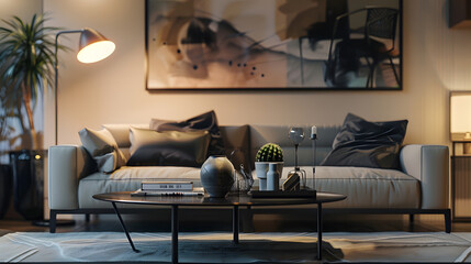Domestic interior of living room with design modular sofa black coffee table lamp armchair decoration art paintings and elegant personal accessories in modern home decor Template : Generative AI