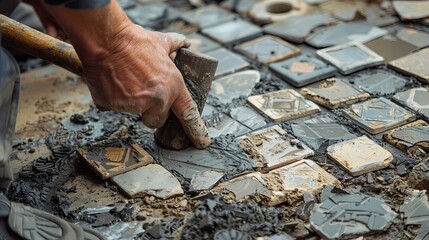 Detailed image of hands working with a rubber mallet and tiles on a partially laid pavement, showing the intricacies of the installation process