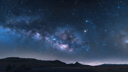 Panorama view universe space shot of milky way galaxy with stars on a night sky background