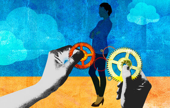 Hands holding cogs over woman