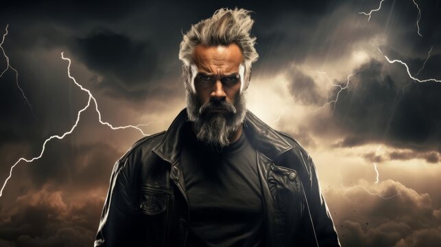A portrait of a middleaged man with storm clouds and lightning forming his silhouette, with dynamic weather effects, in a powerful and dramatic style with dark tones and bright highlights, in the styl