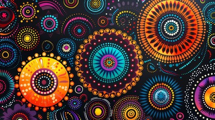Detailed exploration of Aboriginal dot art, with dreaming themes in radiant colors, meticulously painted on a black background for dramatic effect
