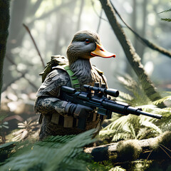 The duck in a sniper uniform is hiding in the dark forest. The duck lurks among the trees, its penetrating gaze sweeping around, ready for any potential threat. Generative AI. 