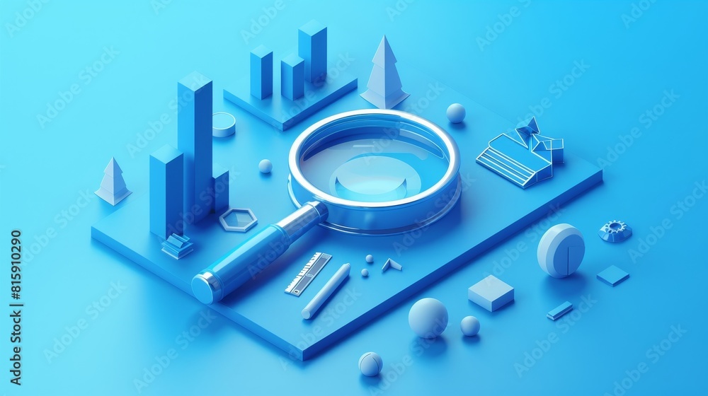 Aufkleber isometric landing page with large magnifier isolated on blue. seo optimization, analysis service 3d 