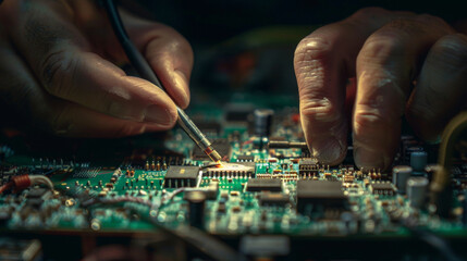 Obraz premium computer, circuit, board, chip, technology, electronic, dj, hand, music, electronics, 