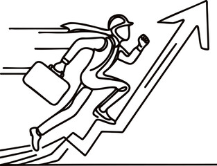 Continuous line art drawing of business man run into the top of up arrow for business, Vector illustration.