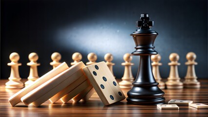 Risk Management": Chess pieces positioned next to falling dominoes, representing the importance of risk management and foresight in business.