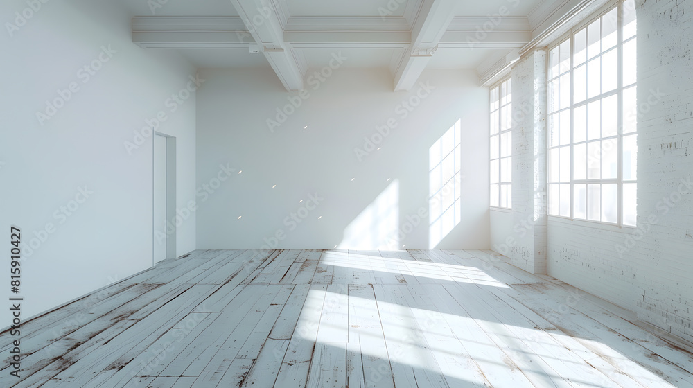 Poster modern sunny empty loft room with white wall and wooden floor 3d render : generative ai