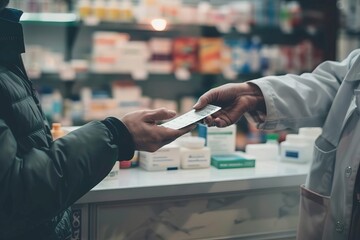 Prescription being handed over in a pharmacy
