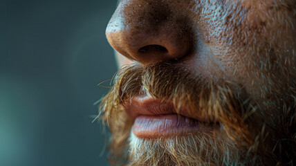 Obraz premium Close-up of a bearded man's face with focus on lips and nose