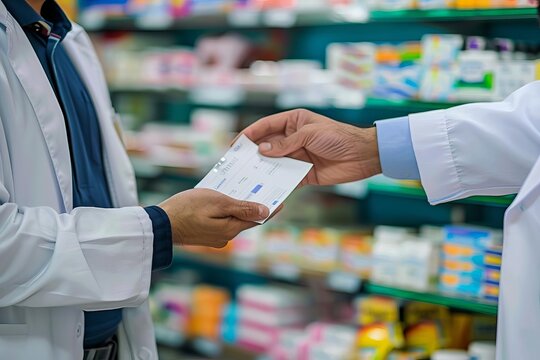 Prescription being handed over in a pharmacy