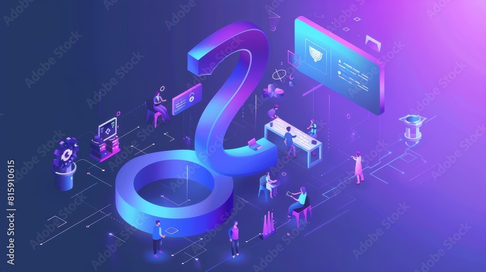 Poster a deadline banner with isometric icon with infinity sign and assistant chat bot with concept of a du