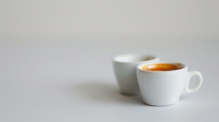 Zoom in on a pair of espresso cups, one slightly behind the other, close-up, whimsical, Manipulation, with a pristine white background to focus on the details of the coffee