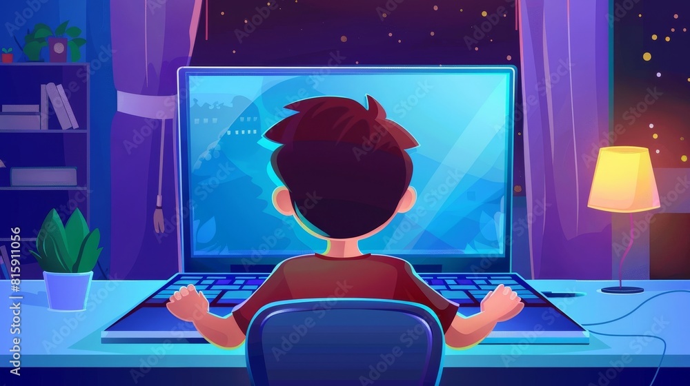 Poster teenager using computer application. laptop with blue screen back view in hand. modern cartoon illus