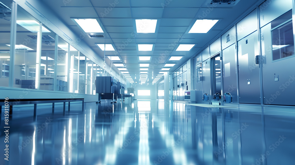 Poster wide shot of bright advanced semiconductor production fab cleanroom with working overhead wafer tran