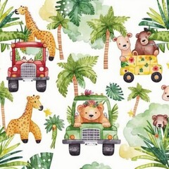 Obraz premium Watercolor illustration of a vibrant jungle scene with various animals and a jeep under lush palm trees