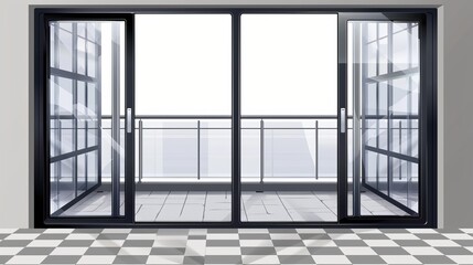 Realistic 3D modern mock up of glass window design with balcony railings and closed doors isolated on transparent background. Hotel apartment, mall, office interior design.