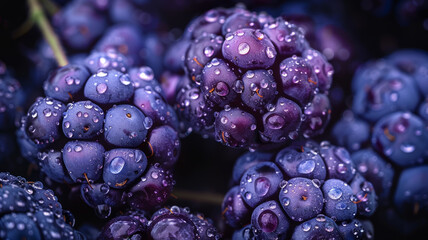 Close-up of fresh blackberries with water droplets.