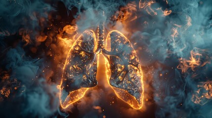 Detailed close-up image of lungs on fire, with thick smoke rising, a stark visual metaphor for the devastation of lung cancer - Powered by Adobe
