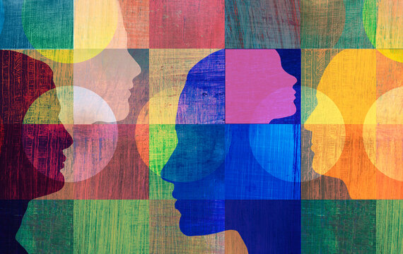 Male and female profiles in colourful abstract pattern