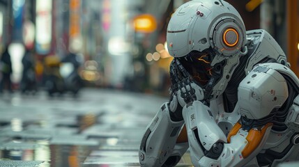 Fototapeta premium Robotic figure crouched on a wet urban street at night, reflecting city lights with intricate mechanical details