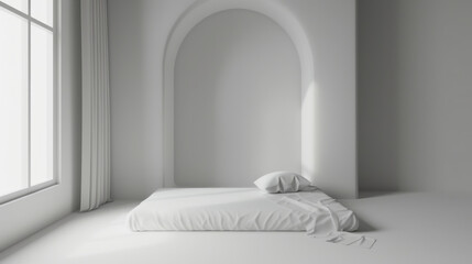 A minimalist white bed set in a bright modern bedroom with a large window allowing natural light to enhance the simple yet elegant decor.