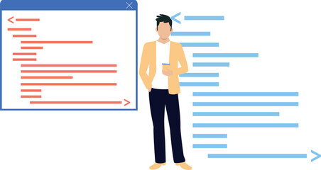 The boy is standing holding the phone.