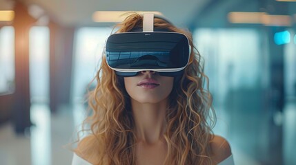 Businesswoman exploring virtual environments using a VR headset in a contemporary office setting
