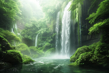 A spectacular waterfall plunging into an emerald pool below, surrounded by verdant foliage, moss-covered rocks, and misty spray, creating a mesmerizing tableau of natural beauty and aquatic splendor. 