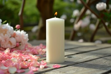 Tranquil setting with a lit white candle surrounded by delicate flower petals