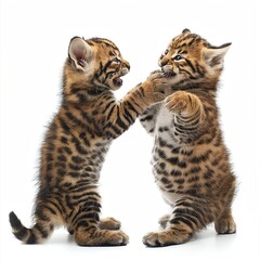 Fototapeta premium Two Bengals interacting, playful tussle, showcased on white