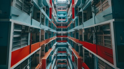 Aerial view of crowded residential building atrium in hong kong city, urban architecture photography