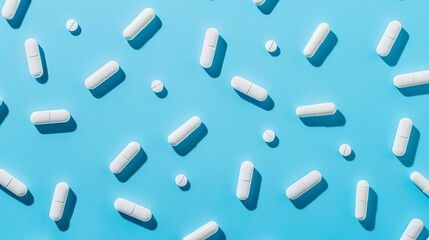 Scattered capsules and pills on a blue background
